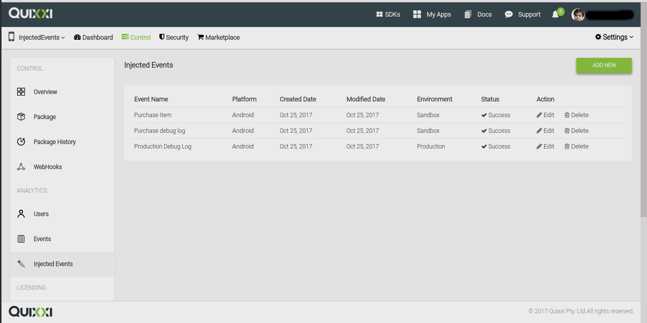 injected events list